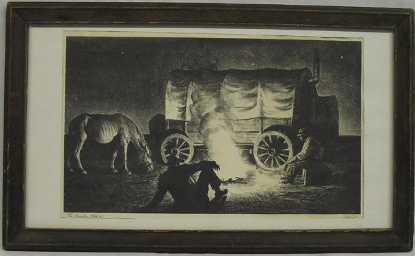 Peter Hurd Print of 1937 ''The Nomads": From the Proctor Collection, Silver City, NM. This handsome print has a visual size of 13 1/2"L x 8"H. Titled in the lower left corner ''The Nomads (edition 36)and is signed ''Peter Hurd'' in lower ri