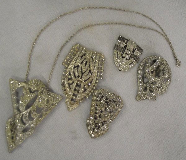 Art Deco Shoe Clips & Pendant: From the Proctor Collection Silver City, NM, Art Deco Shoe Clips & Pendant, 4 art deco shoe clips Pave' Rhinestone, 1 pendant converted into necklace, pendant is largest piece and measures 2.25'' x 1.