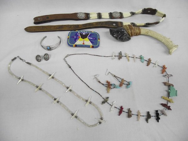 Native American Collectibles: Native American Collectibles. #1 Antler Handled Obsidian Knife, #2 Plains Indian Beaded Belt Buckle (tipi and peyote bird) #3 Zuni carved fetish necklace and earrings #4 Fetish bird necklace #5 Navajo