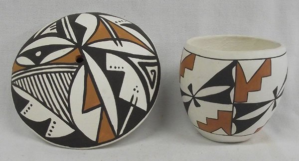 Two Acoma Polychrome Pieces, Seed Pot & Bowl: From the collection of Nick & Suzanne Nicholas. Two Acoma Polychrome Pieces, Seed Pot & Bowl. The seed pot measures 2''h x 4.75'' w and is signed ''Norma Jean'' ''Acoma N.M.''. The bowl or cup measure