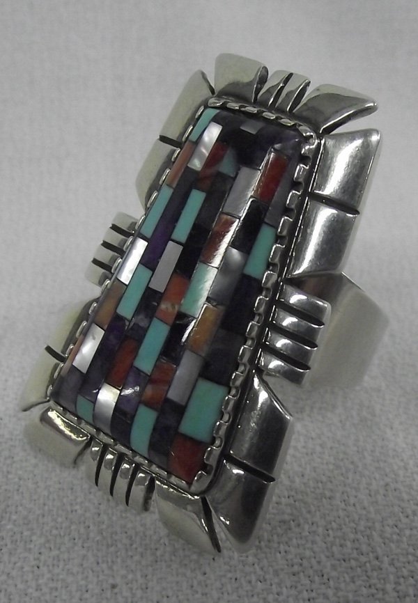 Southwestern Inlay Turquoise & Sterling Ring Sz 8: Southwestern Inlaid Turquoise & Sterling Ring, Sz 8. Sterling silver with stone-to-stone inlays of turquoise, coral, lapis, red shell, sugilite, mother-of-pearl and jet. Measures 1 3/8'' high x 1'' wi