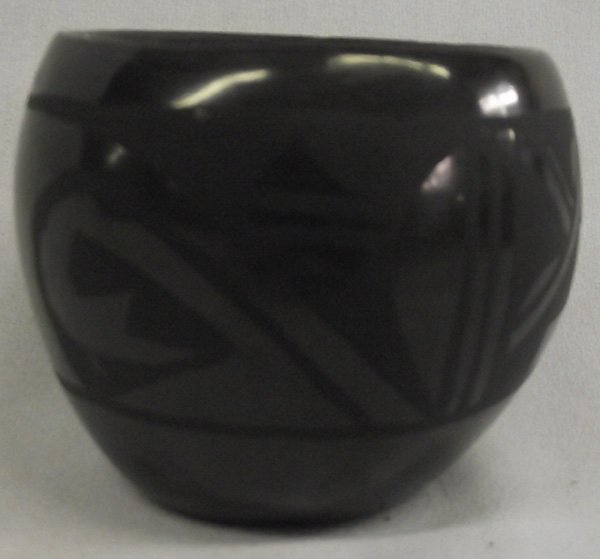 San Ildefonso Black on Black Pottery Jar - Peggy: San Ildefonso Black on Black Pottery Jar - Peggy, 3''H x 3.5''W, signed in pencil on bottom by artist, geometric designs