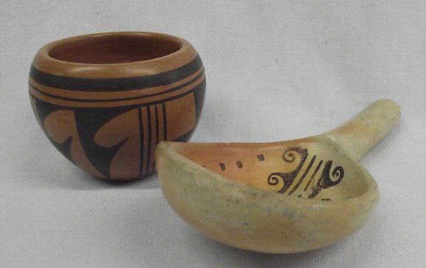 Hopi Decorated Ladle and Bowl: From the collection of Nick & Suzanne Nicholas. Hopi Decorated Ladle and Bowl. The decorated ladle with symbols of water mesure 7.5''long x 3''wide. The bowl is signed, but difficult to decipher artis