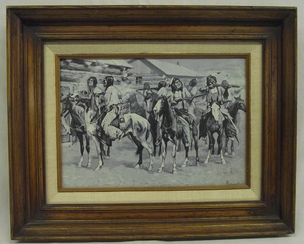Framed Remington Print: Framed Remington Print, visual measures 9'' x 13'', framed in wooden frame, Crow Indians Firing into the Agency, 1887, Older "Oil on paper mounted to board, by Frederic Remington (1861-1909). "In Octo