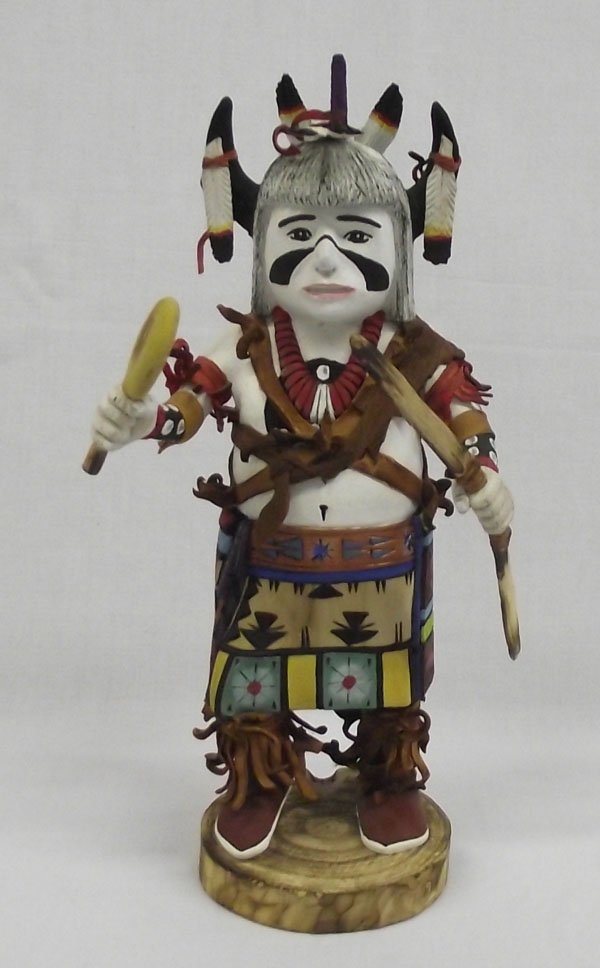 Hopi Buffalo Dancer Kachina by B. Ritig: From the Nick and Suzanne Nicholas Collection we have a phenomenal Hopi Buffalo Dancer by B. Ritig (see signature on bottom), measures 10.5'' x 5.5'', fabulously carved wooden feather headdress, signe
