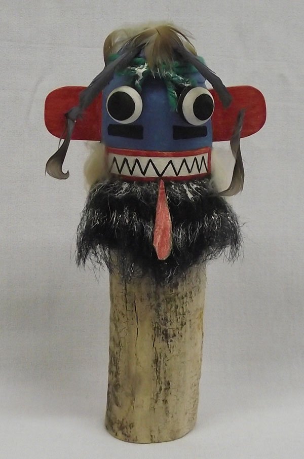 Vintage Hopi Ogre Kachina: From the Nick and Suzanne Nicholas Collection we have a Vintage Hopi Ogre Kachina, measures 8'' x 4.5'', unsigned, carved from cottonwood, embellished with fur and feathers