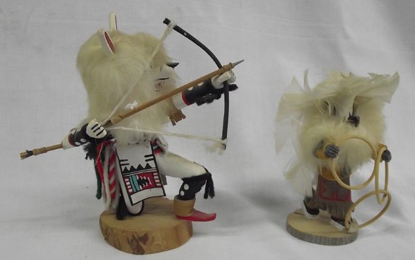 Two Kachinas, White Wolf & Hoop Dancer, Signed: From the Nick and Suzanne Nicholas Collection, Two Kachinas, White Wolf & Hoop Dancer, Signed. White Wolf measures 6.5''h x 5.5''w, signed ''White Wolf by E. Burbank''. The hoop dancer is signed, ''Ho
