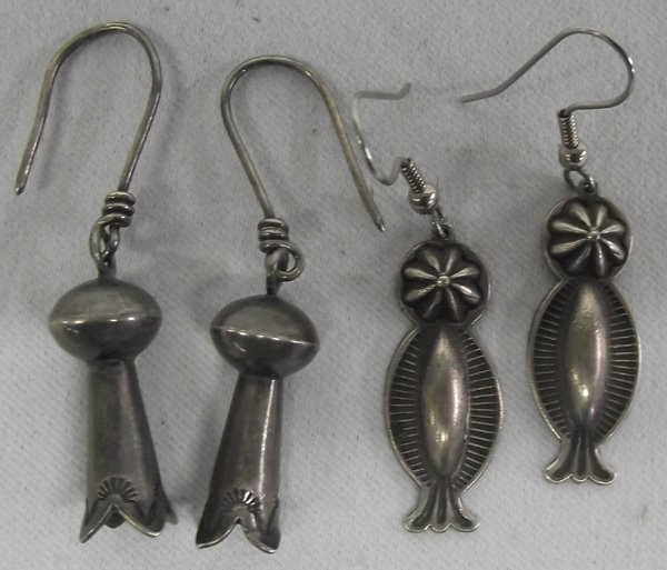 Old Pawn Navajo Sterling Earrings by ES Smith, 2 pr: Old Pawn Navajo Sterling Earrings by ES Smith, 2 Pair. If you're looking for early Navajo earrings, both with fish hook style, these fit the bill! They measure 1'' in length, the patina of old sterlin
