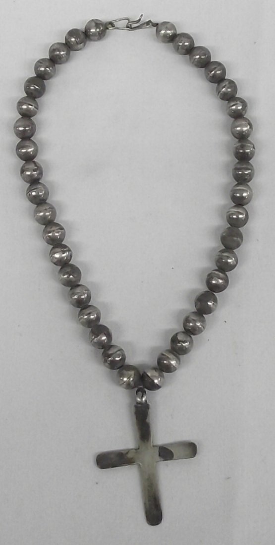 Antique Navajo Pawn Silver Cross Choker Necklace: Antique Navajo Pawn Silver Cross Choker Necklace, measures 14'' end to end, fabulous patina on this piece, hollowbeads, features Spanish Colonial Style cross measuring 2'' x 1.5'', nice weight