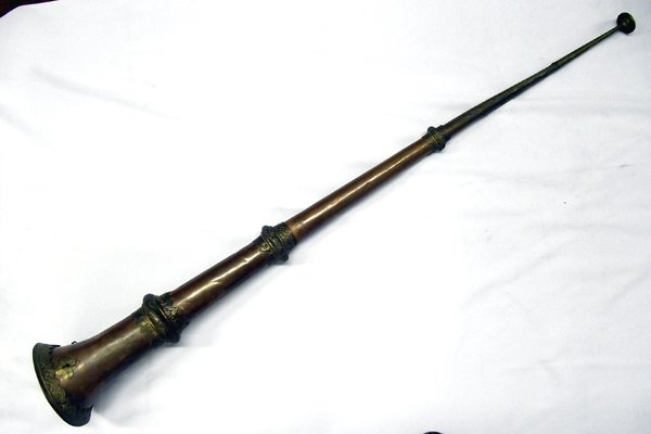 Antique Tibetan Temple Copper Telescoping Horn: Antique Tibetan Temple Copper & Brass Telescoping Horn, measures 53''L (fulling extended) x 7.25'', ornate brass embellishments along with two brass loops for strap, does make clear sound when blown