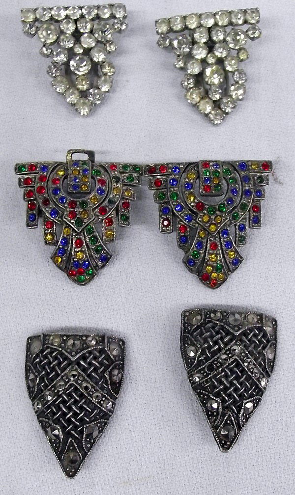 Antique Victorian Shoe Buckles & Multi Stone Buckle: 2 Pair Antique Victorian Shoe Buckles & 1 Multi-stoned Buckle. multicolored, triangular shaped. One has small missing rhinestones. Largest 3'' x 1.5''. From Proctor Collection, Silver City, New Mexico