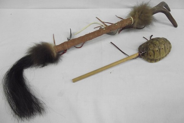 Native American Dance Wand & Rattle.: Native American Dance Wand & Rattle. These breathtaking pieces include a dance wand that is antler tipped, leather wrapped and decorated with fur and horse hair. It measures approx. 38'' long from tip