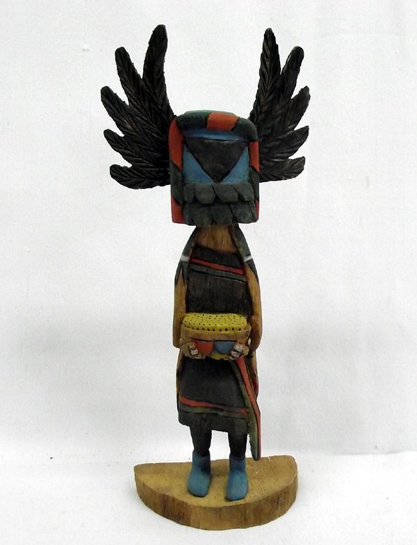 Hopi Crow Man Kachina by M. Sakiestewa: Hopi Crow Man Kachina by M. Sakiestewa, Mike Sakiestewa, a Native Hopi from the village of Moenkopi, Az. He now lives in Laguna Pueblo, NM. He has been carving Kachina's for over 18 years. Hopi Kachin