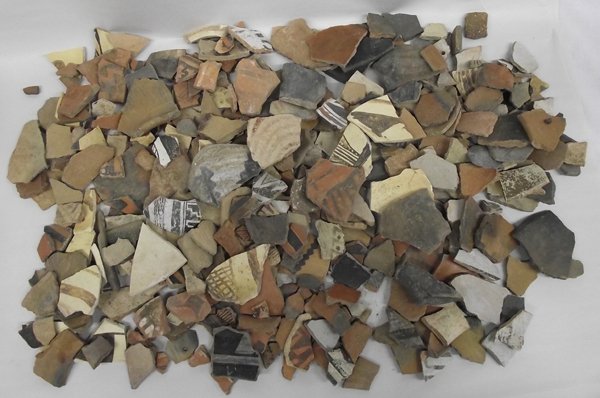 2 Flats of Varied New Mexico Utilitarian Sherds: 2 Flats of Varied New Mexico Utilitarian Sherds. Many painted, some micacious clay. Largest measures 4.5''L x 4.5''W. Heavy.