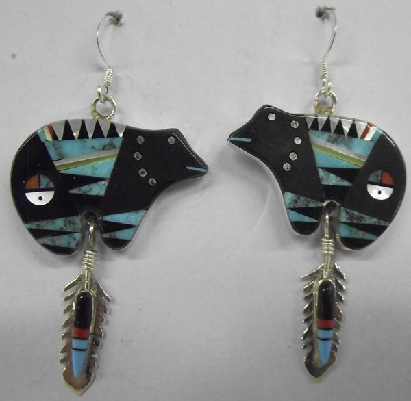 Zuni Bear Earrings by David Othole: Zuni Bear Earrings by David Othole. Outstanding and well-made sterling silver earrings, stone-to-stone set onyx, turquoise, coral and mother-of-pearl. They are hallmarked ''DO'' for David Othole. Dram