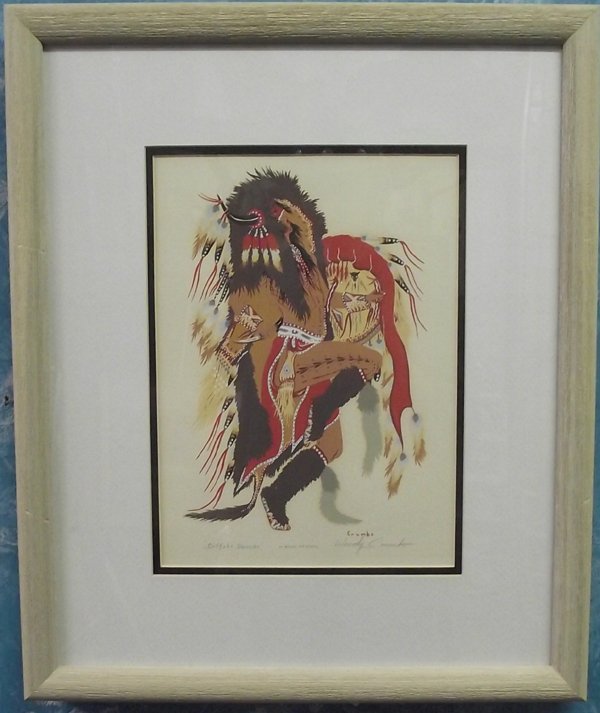 Framed Original Silkscreen by Woody Crumbo: From the Collection of Nick & Suzanne Nicholas. This Framed & Matted Original Silkscreen by Woody Crumbo is titled ''Buffalo Dancer''. Woody was of the Pottawatomie Tribe, born in Oklahoma in 1912 and