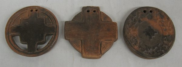 2005 Cherokee Pottery Medallions by J. Osti: 2005 Cherokee Pottery Medallions by J. (Jane) Osti an award winning Cherokee Nation potter, measure 3''D, #1 Turtle design accented with double stairway on shell #2 Cross design #3 Double stairway des