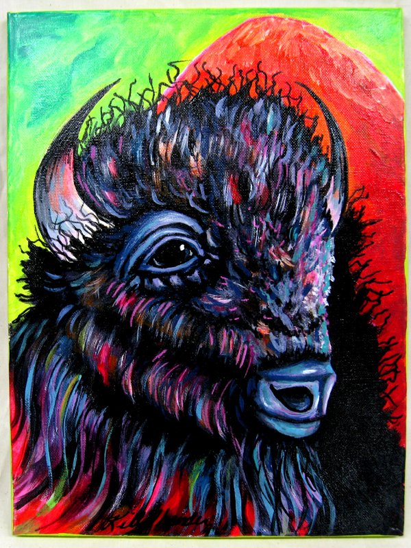 Original Painting by Kills Thunder: Original Painting by Kills Thunder signed by the artist, this piece titled ''Little Buddy'' measures approx. 16''H x 12''W. Kathleen Kills Thunder was born in Seattle, Washington. Kathy has been paint