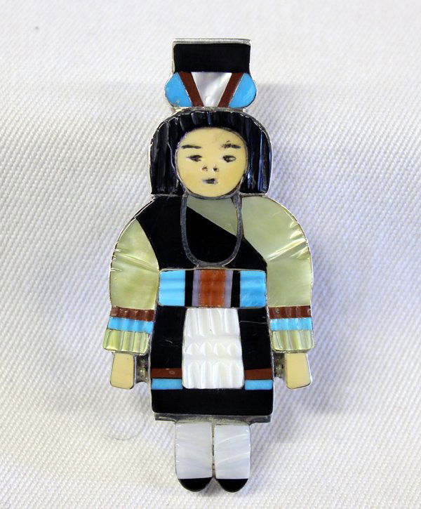 Zuni Inlay Pin/Pendant by Madeline Beyuka: Zuni Inlay Pin/Pendant by Madeline Beyuka. Striking pin/pendant piece, sterling silver with stone-to-stone inlays of turquoise, jet, coral, red shell, mother-of-pearl and abalone. The artist has carve