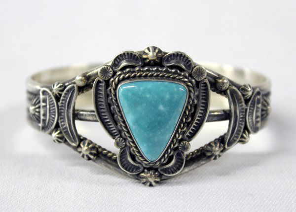 Navajo Sterling & Blue Turquoise Bracelet - Ella Linkin: Navajo Sterling & Blue Turquoise Bracelet, Signed by Ella Linkin. Beautiful native craftsmanship in this bracelet by noted silversmith Ella Linkin. Traditional Navajo designs surround a triangular blu