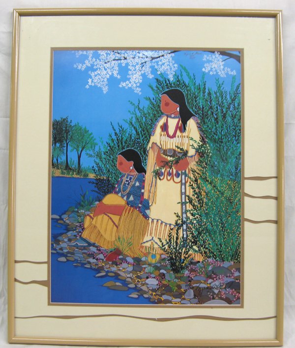 Signed and Numbered Virginia Stroud Print: Signed and Numbered Virginia Stroud Print. This Print with it's vivid colors depicts Native American life. It has a visual measurement of approx. 28.5''H x 18''W. Sigend and numbered 499/1000.