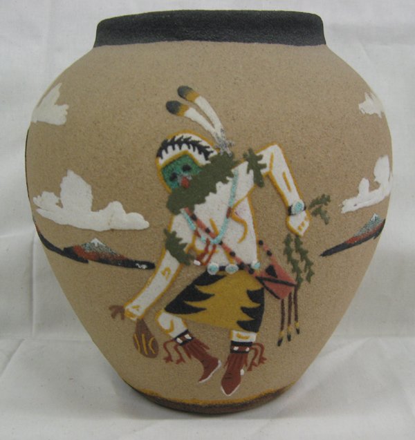 Navajo Sand Painted Pottery Jar: Navajo Sand Painted Pottery Jar, measures 7.5''H x 7.5''D, features Harvest dancer amid the yuccas, clouds, and cliffs of the southwest, beautiful colors