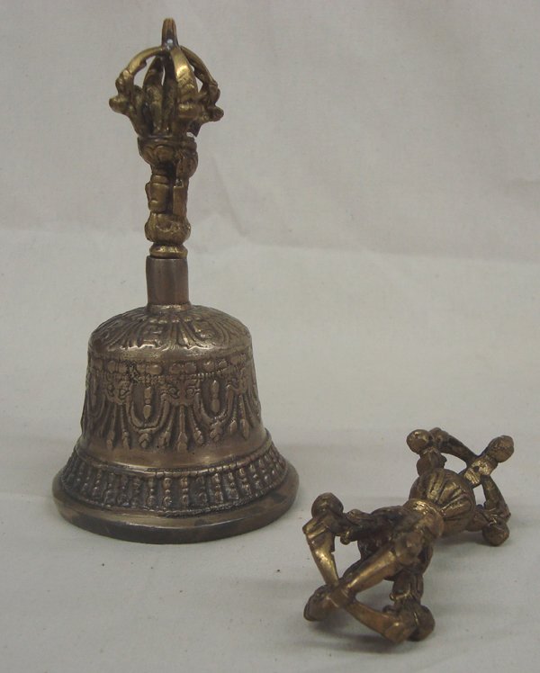 Vintage Tibetan Buddhist Prayer Meditation Accessories: From the Proctor Collection. The bell measures approx. 5.5''H x 3''W while the scepter is 3.75''L x 1''W. Tibetan Buddhist prayer/meditation accessories, most likely from Nepal, but Tibetan style. The
