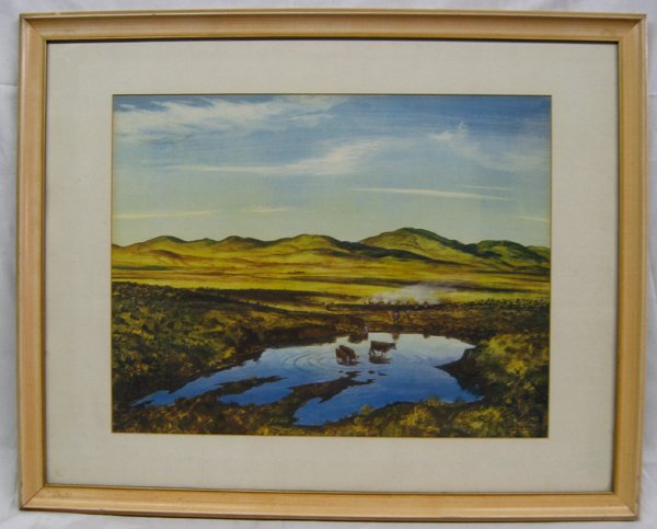 Framed & Matted Peter Hurd Print.: Framed & Matted Peter Hurd Print. This piece is titled ''The Waterhole''. It has a visual measurement of approx.16''H x 21''W.