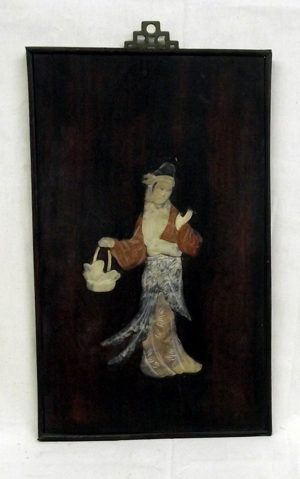 Antique Japanese Carved Soapstone Plaque: Antique Japanese Carved Soapstone Plaque. Beautifully executed Japanese figure using several colors of soapstone to complete the figure. Plaque measures 12'' x 8'' with brass decorative hanger.