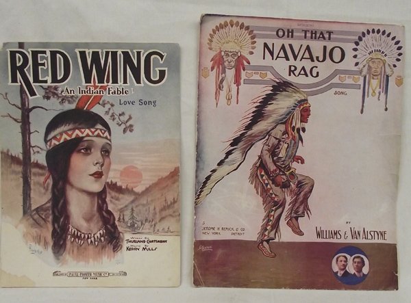 Vintage Sheet Music ''Red Wing'' & ''Navajo Rag'': Vintage Sheet Music ''Red Wing'' & ''Navajo Rag''. ''Red Wing, 'an Indian fable''', by Chattaway and Mills, 1928, Barbelle cover art, partial spine split, tear in left corner and small stain lower lef