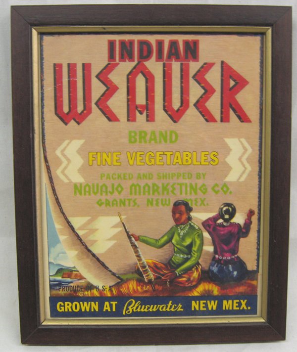 Vintage New Mexico Vegetable Crate Label: Vintage New Mexico Vegetable Crate Label. Framed ''Indian Weaver'' brand from Grants, New Mexico, packed and shipped by Navajo Marketing Co., produce grown at Bluewater, New Mexico. Image measurement 