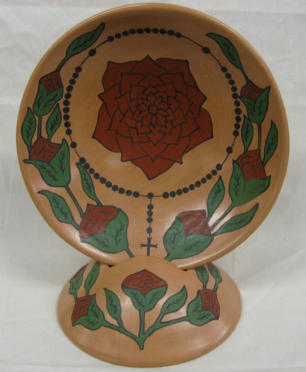 Mata Ortiz Polychrome Bowl with Display Stand - Tena L.: Mata Ortiz Multi-Colored Bowl with Display Stand by Tacora Tena L. This beautiful bowl with it's flower and Rosery Design is 13'' in diameter and 3'' tall. When placed in the stand it is approx. 16'' 