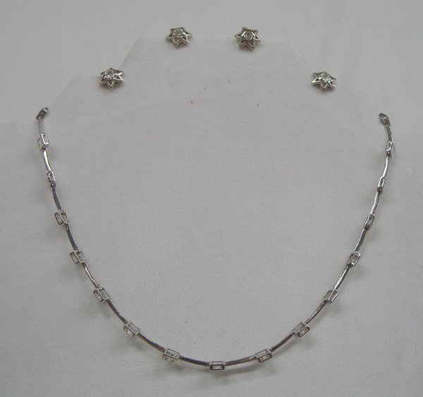 Sterling Cubic Zirconia Choker with 2 pr Earrings: Fine Costume Sterling Silver Cubic Zinconia Necklace/Choker (end to end measurement 16''} with Safety Clasp with two Pair Sterlilng Silver Cubic Zurconia Star Pierced Earrings.