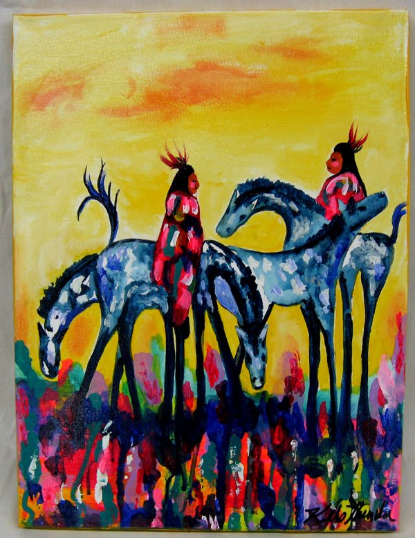 Original Acrylic Painting - Kills Thunder: Original Acrylic Painting - Kills Thunder. '' Brother Warrior'' measures 16''H x 12''W. Signed and dated on back. Painted in the traditional colorful style of this Arizona artist.