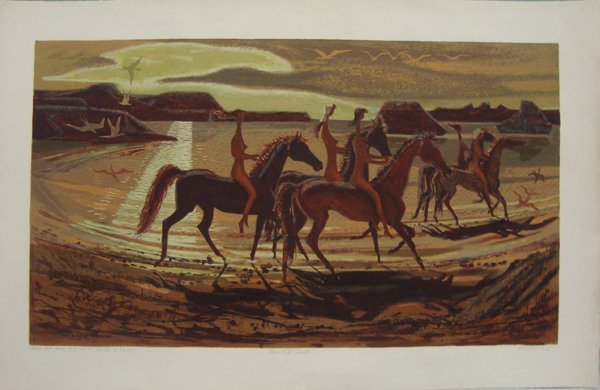 Original Print ''Moonlight Sonato'' by Phil Paradise: From the Proctor Collection. Original Print ''Moonlight Sonato'' by Phil Paradise, measures 40"L x 26"W. Artist was born in 1905 in Ontario, OR, died 1997. Noted for his landscapes, mural painting, ar