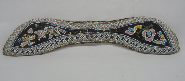 1930's Iriquois Fully Beaded Collar: Vintage 1930's Iriquois Fully Beaded Collar. This Amazing piece with it's intricate bird, flower and geometric and ''rolling log'' designs still holds it's vivid colors. The piece measures approx.16''