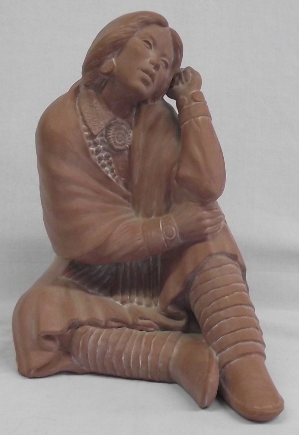 1991 Sittre Ceramic Navajo Maiden Hollowware: From the Van & Kathy Yaryan Collection, Silver City NM, we have a Navajo Ceramic Maiden Hollowware Pottery. 12''H x 9''L x 13''W. Terrace color, this pensive maiden would look great in the home or gar