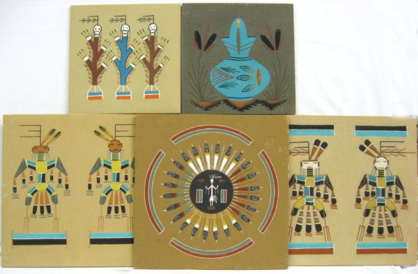 Five Original Navajo Sand Paintings: Five Original Navajo Sand Paintings, Three 16'' x 16'' square. Two 12'' x 12'', one by Yazzie. Information on each picture written on the back with artist, date and place. Some scratches and edge dama