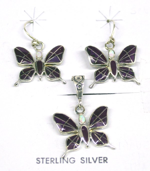 Zuni Sterling Opal Sugilite Earrings & Necklace: Zuni Sterling Opal Sugilite Butterfly Earrings & Butterfly Pendant Necklace, channel inlay, stamped bale, stamped sterling, lovely set