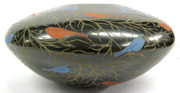 Mata Ortiz Bird Polychrome Bowl- Lucero- Cota: Mata Ortiz Large Bird Design Polychrome Bowl- Signed by Efrain Lucero and Elicena Cota. 6''H x 13''W. Blue and red birds on etched branches. Set on a mirror to get the full affect of top and bottom of