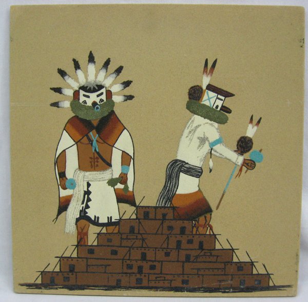 Original Navajo Sand Painting - R Haley: Original Navajo Sand Painting - R Haley. NM. 16'' x 16''. ''Hopi Pueblos Kachina Dolls'' Sands are natural colored ground rock.