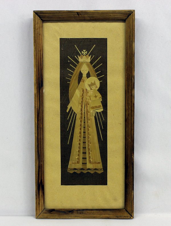 1976 Framed Matted Russian Inlay Straw Wood Art Picture: Russian Inlay Straw Wood Art Picture, measures approx. 8.5'' H x3'' W.