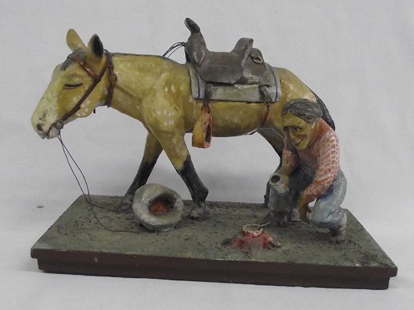 Cowboy & Horse Diorama Wood Carving Folk Art: Cowboy Diorama Wood Carving. Measures 7'' x 10.5'' long x 6'' wide.