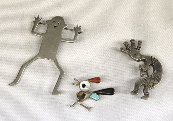 2 Navajo & Zuni Sterling Silver Pins Pendants: 2 Navajo & Zuni Sterling Silver Pins Pendants, largest measures 2.25''H x 1.5''W, #1 Dancing Man Pin stamped .925 #2 Zuni Coral Turquoise Shell Jet Mother of Pearl Inlay Roadrunner Pin Pendant #3 Nava