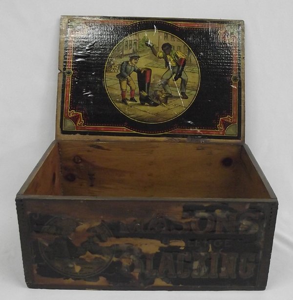 Late 1800s Black Memorabilia Boot Black Wooden Box: Antique wood box with a beautiful advertising litho on the lid & front of the box. This is a very early wood box that most likely was a box of shoe blacking bottles....The wonderful color lithograph p