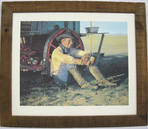 Print ''Chuckwagon'' Coors Collection Print - Snidow: Gordon Snidow ''Chuckwagon'' Coors Collection Framed Print. Rustic wooden frame 18.5''H x 24''W visual only. Some water damage on the white left side. Gordon Snidow has been known as the foremost chro