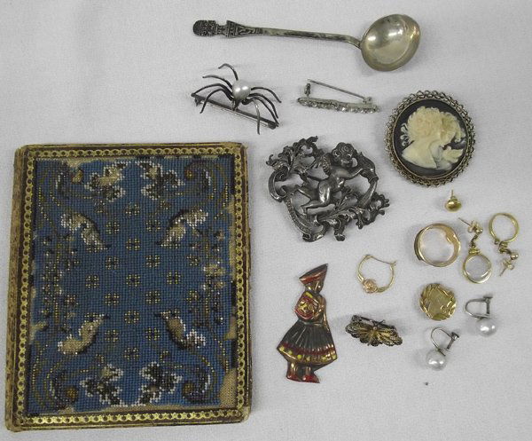 Collection of Estate Jewelry Plus: Collection of Estate Jewelry Plus, #1 Gray Pearl Silver Spider Pin & Screwback Earrings, stamped Marrad on back and silver #2 1923 18kt Gold Monogrammed Pin #3 Filagree Butterfly Pin #4 Vintage 1950s