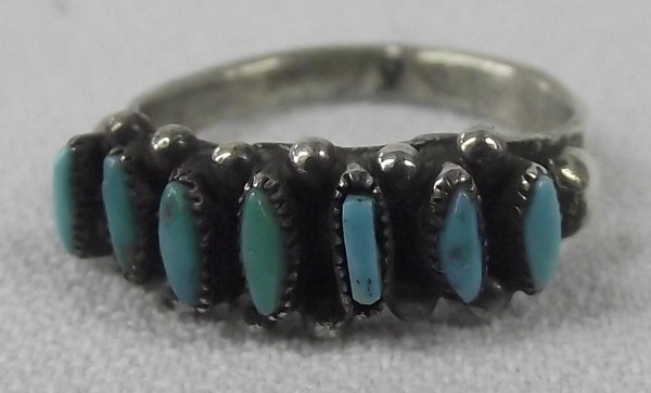 Vintage Zuni Sterling Petit Point Turquoise Ring: Vintage Zuni Sterling Petit Point Turquoise Ring, size 7, ring features 7 needlepoint turquoise pieces