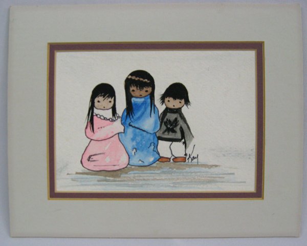 Original Watercolor ''Native Children'' by Kay: Original Watercolor ''Native Children'' by Kay, matted, visual measures 5'' x 7''