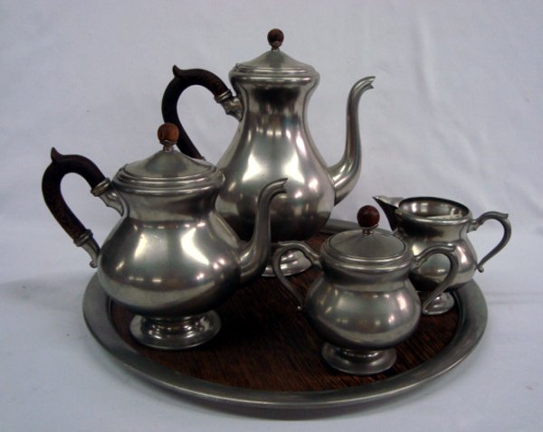 1940s Royal Holland Pewter Coffee/Tea Service Set: 1940s Royal Holland Pewter Coffee/Tea Service Set on Pewter & Wood Tray, largest pot measures 9''L x 10.25''H x 6''D, pieces are marked on bottom Royal Holland Pewter Daalderop Made in Holland with cr